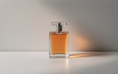 Poster - A rectangular glass perfume bottle filled with amber liquid sits on a white surface, illuminated by a soft, warm light.  The elegant design is simple yet sophisticated.