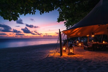 Wall Mural - Beach Sunset Dinner Under Canopy - Romantic beachside dinner under a canopy at sunset, lanterns illuminating the scene