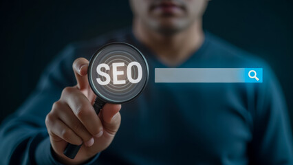 Poster - businessman holding magnifying glass with seo text and search bar concept for digital marketing and 