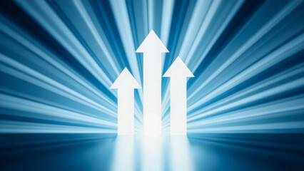 Poster - Bright blue background with upward arrows and rays of light symbolizing progress, growth, success, and motivation in business and personal development