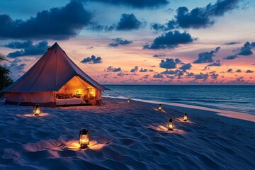 Wall Mural - Romantic Beach Glamping at Sunset - Luxurious glamping tent on a pristine beach at sunset, illuminated by lanterns. Perfect for travel, vacation, and relaxation