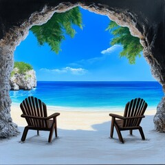 Wall Mural - Serene Beach Cave Hideaway - Two chairs facing a tranquil ocean view from a shaded cave. Symbolizing peace, escape, relaxation, solitude, and paradise