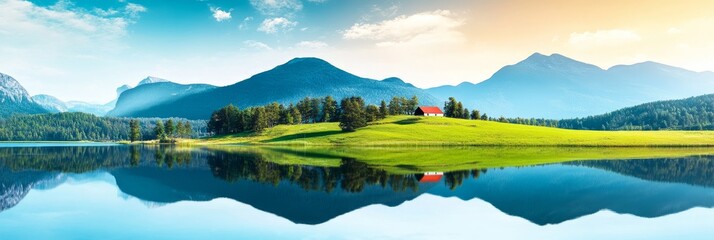 Wall Mural - Serene Lakeside Mountain View - Breathtaking panoramic view of a tranquil lake reflecting majestic mountains and a charming house on a grassy hill under a vibrant sky