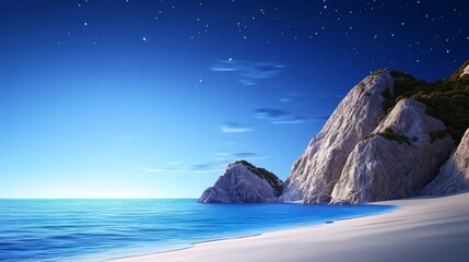 Wall Mural - Serene Night Beachscape - Tranquil beach scene at night, under a starry sky, with calm blue water and white sand. Cliffs provide a dramatic backdrop