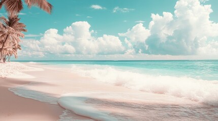 Wall Mural - Serene Tropical Beach with Pastel Sky - Peaceful beach scene, soft pastel colors, gentle waves, palm trees, summer vacation concept. Symbolizing tranquility, escape, relaxation, paradise, and serenity