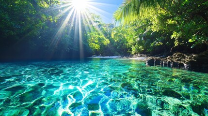 Wall Mural - Serene Tropical Lagoon - Crystal clear water of a tropical lagoon surrounded by lush green vegetation, sunlight shining through the trees