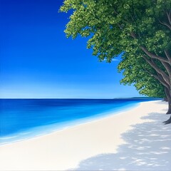 Wall Mural - Tranquil Beachscape Under Summer Sun - Serene beach scene with turquoise water, white sand, and lush green trees casting shadows. Perfect for travel, vacation, or relaxation themes