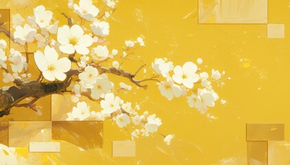 Poster - Elegant White Cherry Blossoms on a Golden Background, Combining Nature's Beauty with Artistic Texture and Soft Color Contrasts