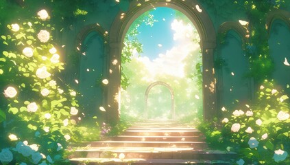Poster - Enchanted Archway Surrounded by Blooms and Ethereal Light in a Beautiful Anime Style Illustration