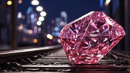 A large, faceted red gemstone resting on railroad tracks