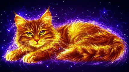  Ethereal feline creature glowing with cosmic energy against a backdrop of stars and nebula shimmering in the dark space looking curious and calm