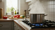 © Vasiliy - Stainless steel pot with steam on gas stove in kitchen with vegetables on wooden cutting board. Home cooking process for healthy meal preparation and family dinner