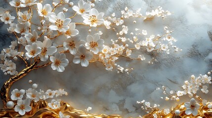 3D wallpaper featuring a white tree of life with golden flowers against a background.  
