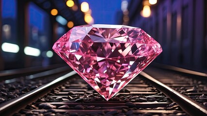 A large, faceted red gemstone resting on railroad tracks
