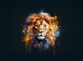 Poster - Majestic lion portrait with a vibrant splash of colors surrounding its head, set against a dark background, capturing the power and beauty of the wild feline.