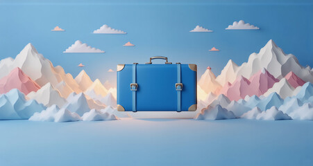 Leinwandbilder - A vibrant blue suitcase floats serenely amidst pastel mountains and fluffy clouds, suggesting a dreamlike journey and adventure.