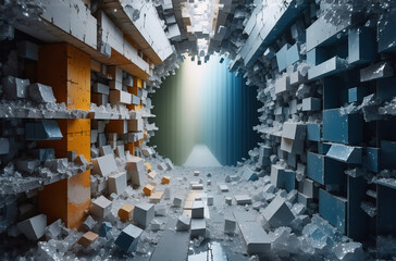 Poster - Abstract digital art depicting a fragmented, cube-filled tunnel.  Orange, white, and blue hues dominate the fractured, geometric landscape leading to a bright light.