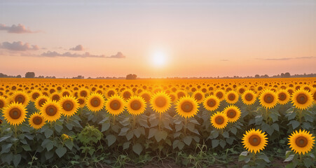 Poster - Here is a description and keyword list:

A picturesque golden hour paints a vast field of sunflowers. Their faces turn toward the sun as the sky blazes, hinting at peace and natural beauty, capturing 