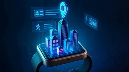Smartwatch Displaying City Buildings with Navigation and Location Icons in Digital Urban Concept

