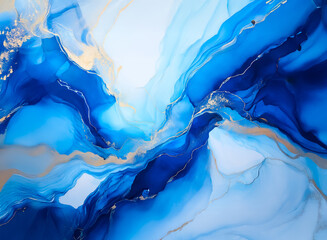 Poster - This image depicts an abstract fluid artwork showcasing shades of blue with shimmering gold accents, creating a dynamic visual display. The liquid appearance evokes depth and motion.