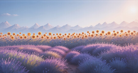 Poster - Sunlit scene. Lavender field and sunflowers bloom under a mountain range. The landscape glows, light from sun, and the sky is clear.