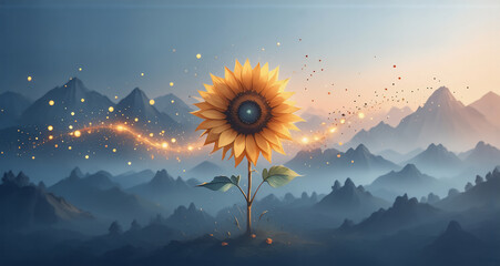 Poster - A majestic sunflower blooms amidst a mountain range, illuminated by a golden, glowing trail of particles at dusk. The flower exudes serenity and peace in nature.