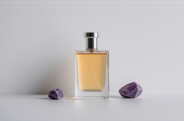 Fototapete - A glass perfume bottle with amber liquid sits on a white surface, flanked by two purple stones.  Simple elegance.