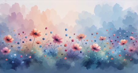 Aufkleber - A watercolor-style floral painting displays colorful blossoms and tiny buds against an ethereal, soft background. The flowers range in shades, creating a dreamy and calming composition. Hints of pink,