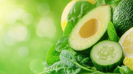 Fototapete - Fresh Avocado and Citrus Fruits on Bed of Green Spinach Leaves