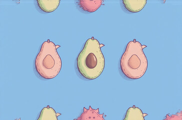 Aufkleber - A playful illustration features avocado halves and spiky pink fruit arranged in a repeating pattern on a light blue background.  These quirky fruit avatars create a fun, vibrant design.
