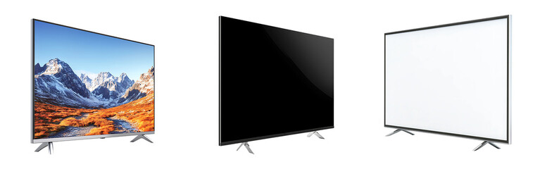 Set of modern flat-screen LED TVs shown in angled stylish views isolated on a white or transparent background.
