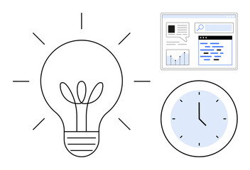 Poster - light bulb representing ideas, web search interface for research, and clock symbolizing time managem