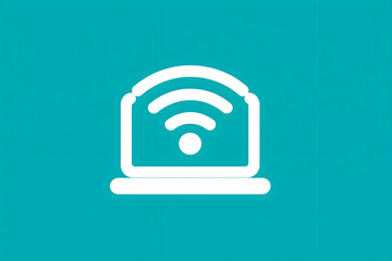 Aufkleber - A minimalist icon of a laptop with wireless signal waves, set against a teal background, symbolizing connectivity and technology.