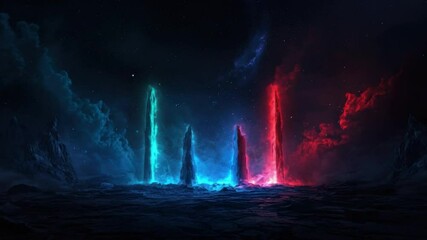 Poster - ethereal landscape with glowing columns in a dark cosmic setting surrounded by mist and stars for fa