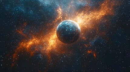 Poster - Vibrant galaxy with swirling stars and glowing nebulae around a massive blue planet and its shimmering rings