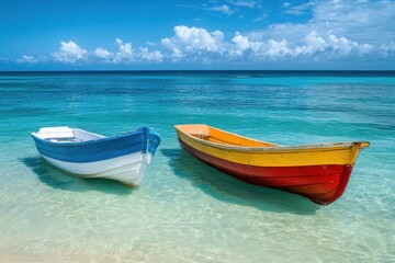two colorful boats floating on shallow tropical water. blue and red wooden rowboats on crystal clear