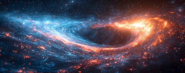 futuristic galaxy with swirling electric blue stars and floating planets