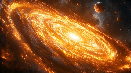 Poster - A swirling galaxy vortex surrounds metallic planets in the cosmic expanse