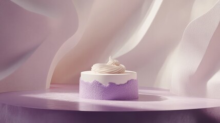 Poster - Abstract composition with a single luxury dessert on center stage surrounded by soft light. Elegant minimalism with space.