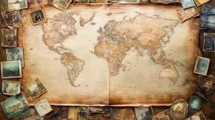 Poster - An old, well-worn map with an empty space for a photo, surrounded by scattered postcards and travel souvenirs, evoking feelings of longing for distant places and lost time