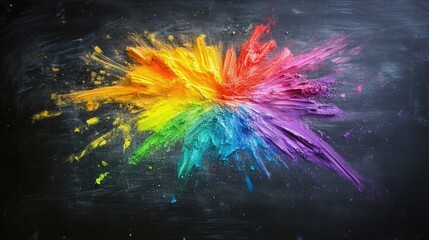 Poster - A burst of rainbow-colored chalk on a chalkboard surface, symbolizing creativity and artistic freedom with a clear space for design ideas