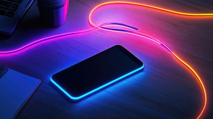 Poster - A creative digital workspace with an empty smartphone screen, notepad, and glowing neon lines representing innovative ideas, with space for text