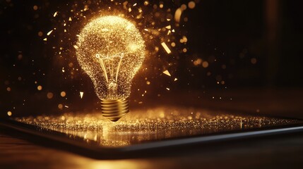 Poster - A glowing abstract lightbulb above a tablet with geometric shapes, representing a burst of futuristic ideas with ample space for copy