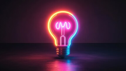Poster - A glowing neon light in the shape of a lightbulb, symbolizing a bright idea, set against a dark background with space for copy