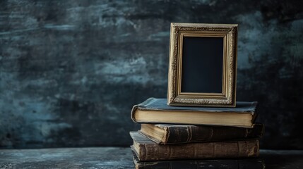 Poster - A nostalgic photo frame resting on a stack of old books, with space to add a cherished photograph, evoking memories of the past