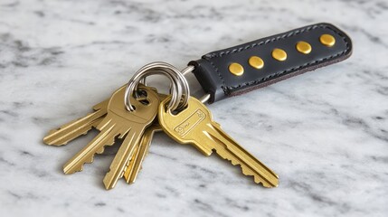 Poster - A set of golden keys and leather key holder on marble countertop, elegant entryway detail with copy space.
