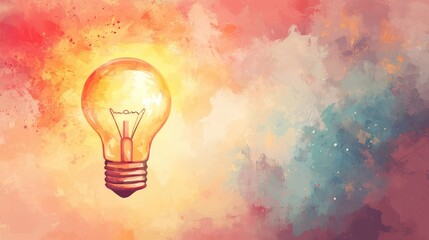 Poster - A single glowing light bulb floating on a soft background, representing a moment of inspiration and imagination, with clear space for text