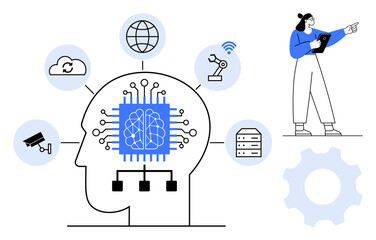 Poster - ai chip within human head, icons for cloud, robotics, automation, surveillance, storage, and wireles