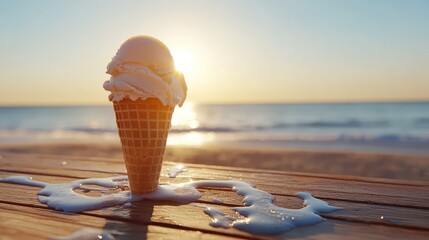 Poster - A vintage ice cream cone on a rustic wooden table, with melted droplets and a warm summer sun, evoking the simple joys of hot summer days