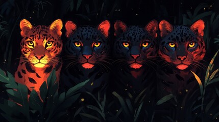 Naklejka na meble Pixelated Panteras Collective Gaze Dark Jungle Habitat Intense Stares Pixel Art Style Digital Illustration Nostalgic Gaming Aesthetic Retro Feel
